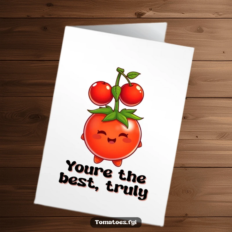 Funny Free Printable Thank You Card: A tomato character comically attempts to balance a cherry on its head as a makeshift hat.
