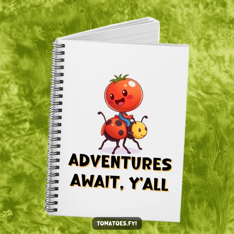 Funny notebook cover with a tomato character comically riding a ladybug like a steed, ideal for jotting down humorous notes and ideas.