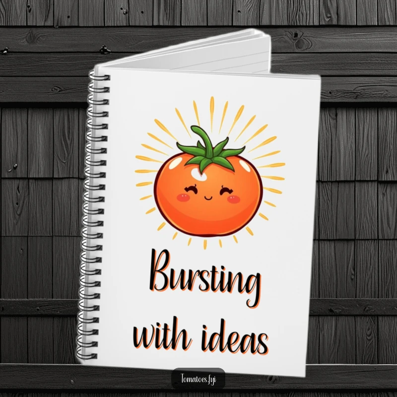 Funny notebook featuring a tomato radiating a starburst of energy, ideal for capturing ideas with dynamic humor.