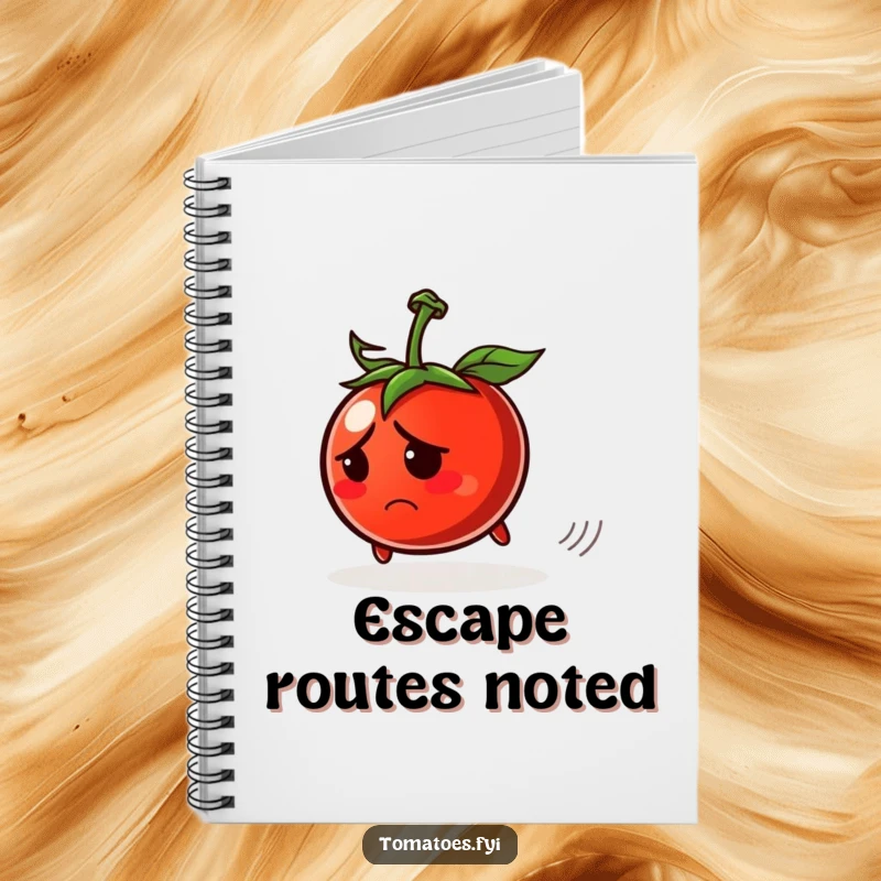 Funny notebook with a worried tomato character rolling away, ideal for jotting down thoughts with relatable humor.