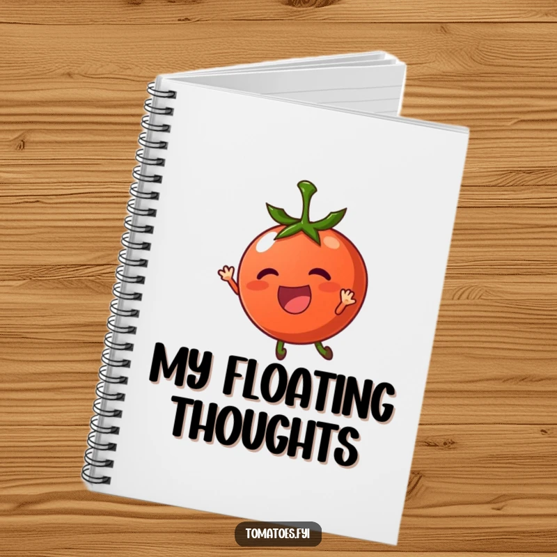 Funny notebook featuring a thrilled tomato character being carried by a gentle breeze, ideal for notes and gentle inspiration.