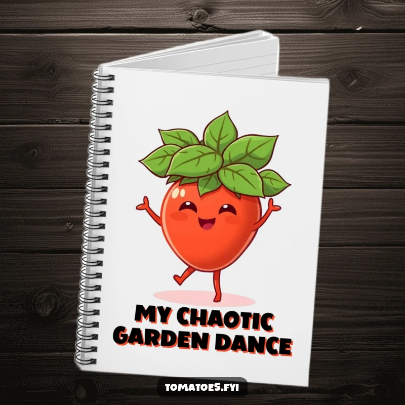 Funny notebook with a cover featuring a joyful tomato character in a tiny leaf hat, dancing with pure delight.