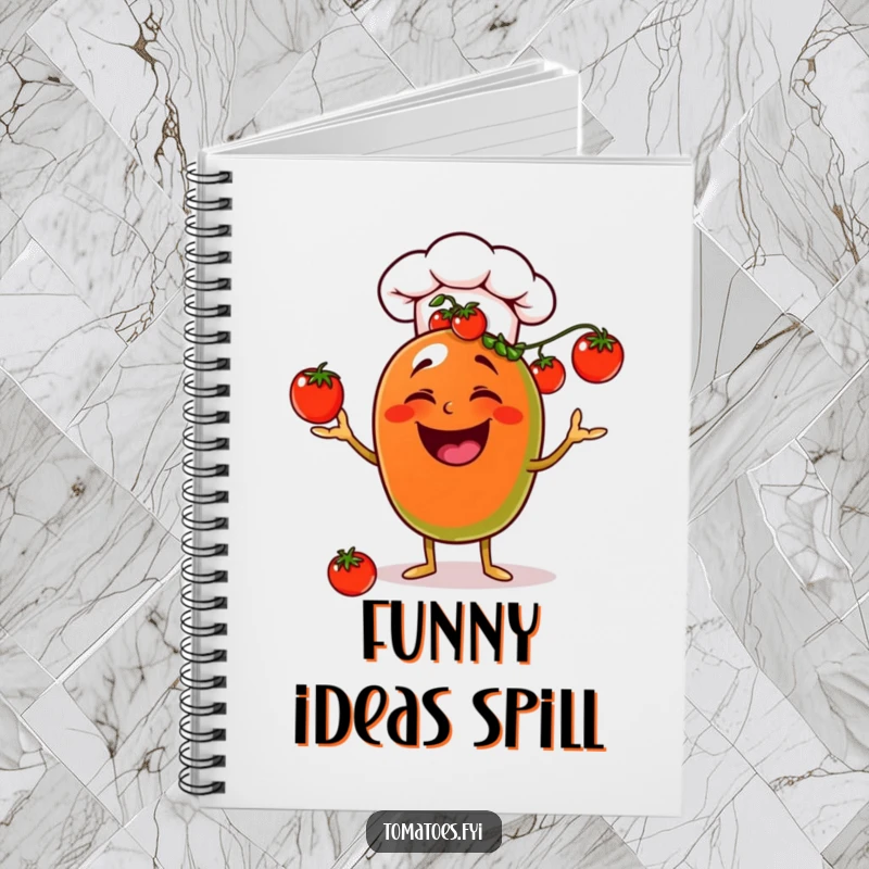 Funny laughing chef tomato notebook, juggling cherry tomatoes with a chef hat, for culinary notes.