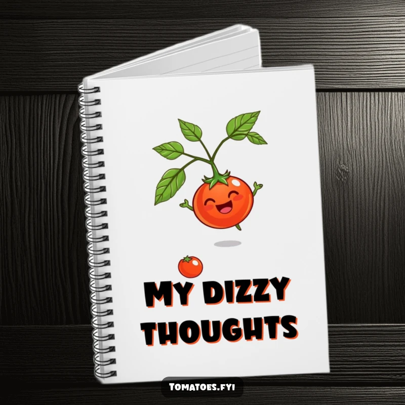 Funny Jovial Tomato Notebook: A notebook adorned with a cheerful tomato character spinning with delight.