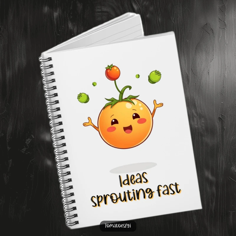 Funny notebook featuring a jubilant tomato character juggling sprouts, symbolizing growth, ideas, and creative planning.