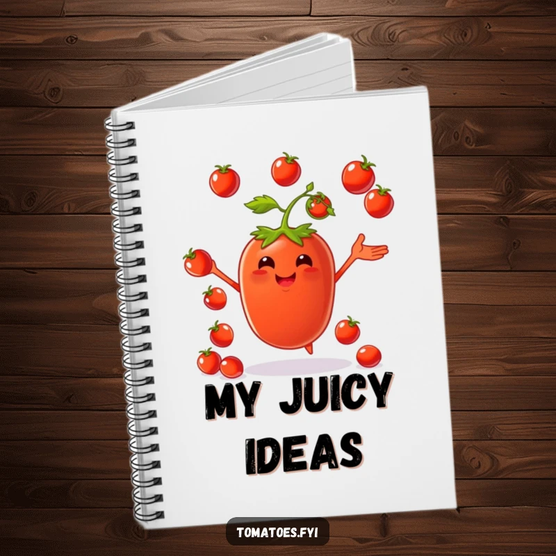Funny notebook with a happy tomato character juggling small cherry tomatoes, ideal for jotting down fresh ideas.
