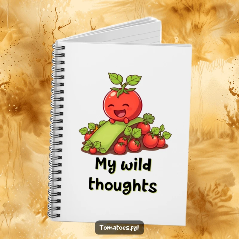 Funny tomato character joyfully sliding down a vegetable patch on the cover of a lined notebook.