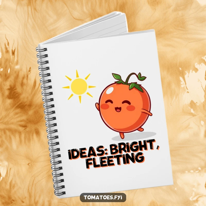 Funny notebook with a cartoon tomato enthusiastically chasing a dancing sunbeam, great for jotting down fun thoughts and ideas.