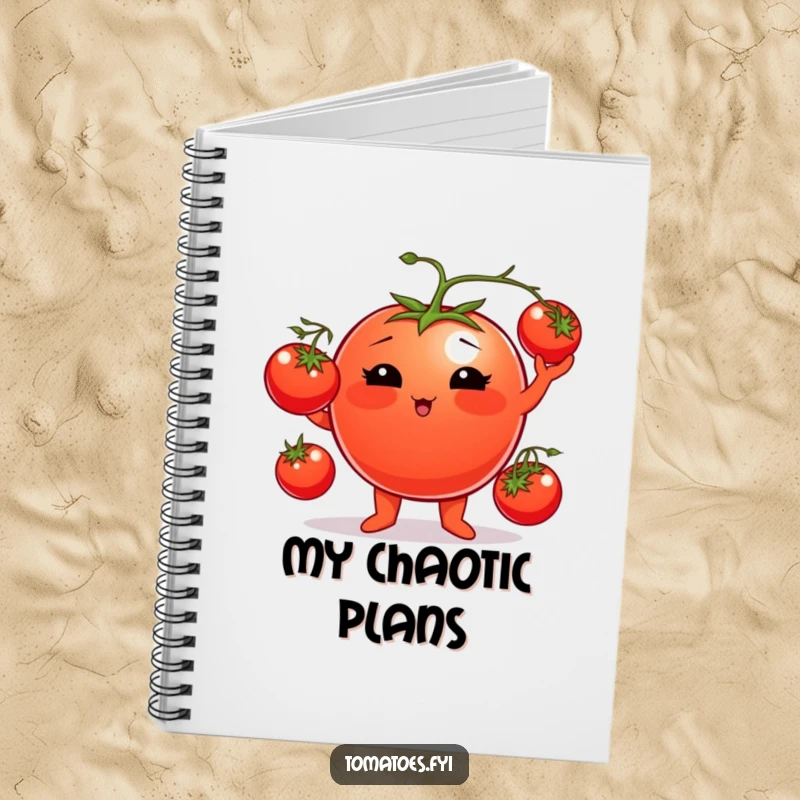 Funny tomato notebook featuring a plump tomato character juggling cherry tomatoes, perfect for jotting down notes with humor.