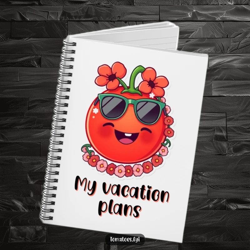 Funny tomato notebook with a smiling tomato wearing sunglasses and a lei, designed for jotting down notes with a humorous tropical theme.