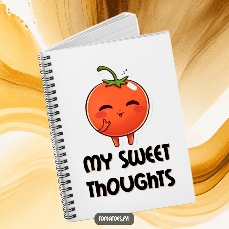 Funny notebook features a sweet tomato character blowing a kiss, designed for jotting down notes with a touch of romantic humor.