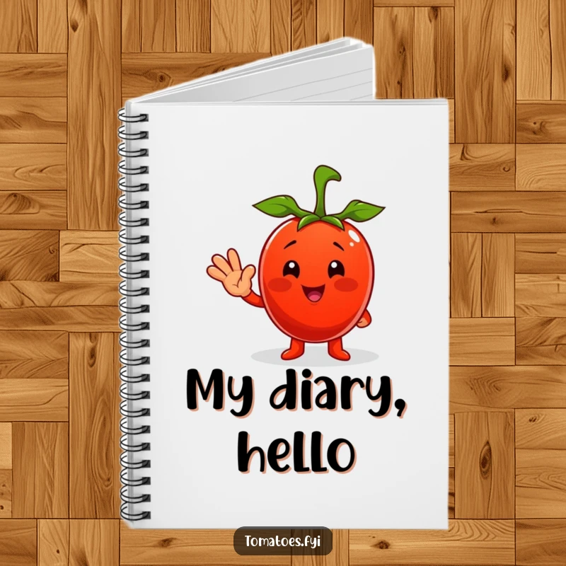 Funny notebook cover with a cheerful tomato character giving a friendly wave, inspiring joyful note-taking.