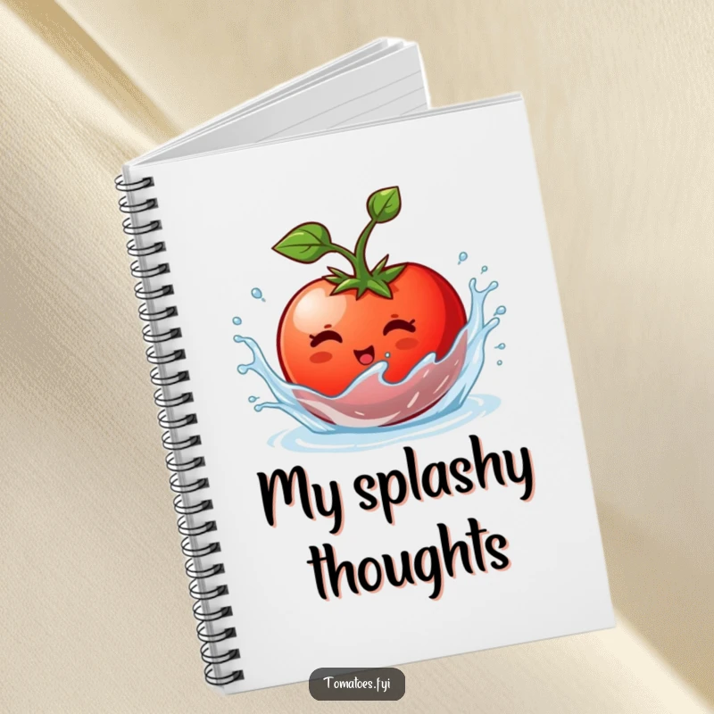 Funny notebook cover featuring a tomato character energetically splish-splashing, inspiring creative and wet ideas.