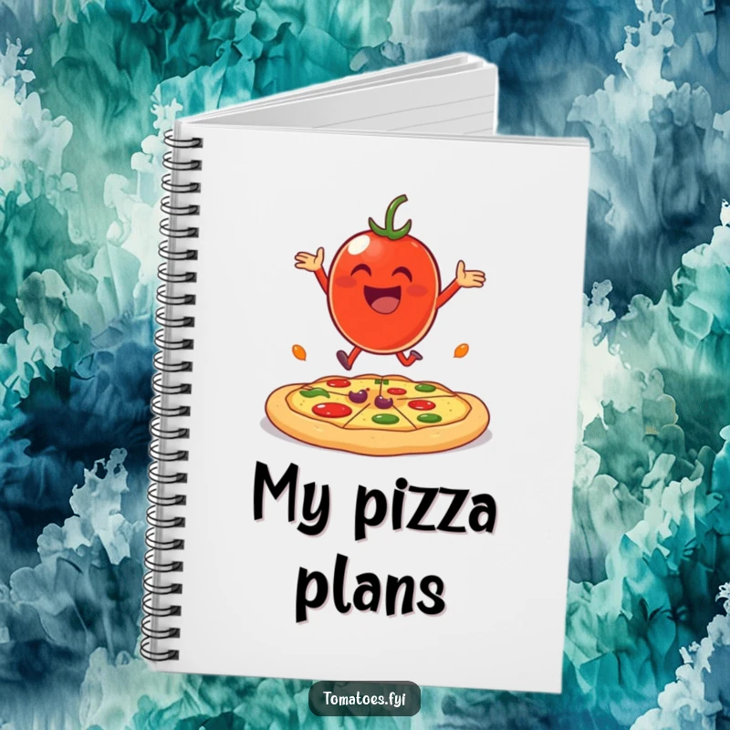 Funny cheerful tomato character joyfully bouncing on a giant pizza crust on a notebook cover.