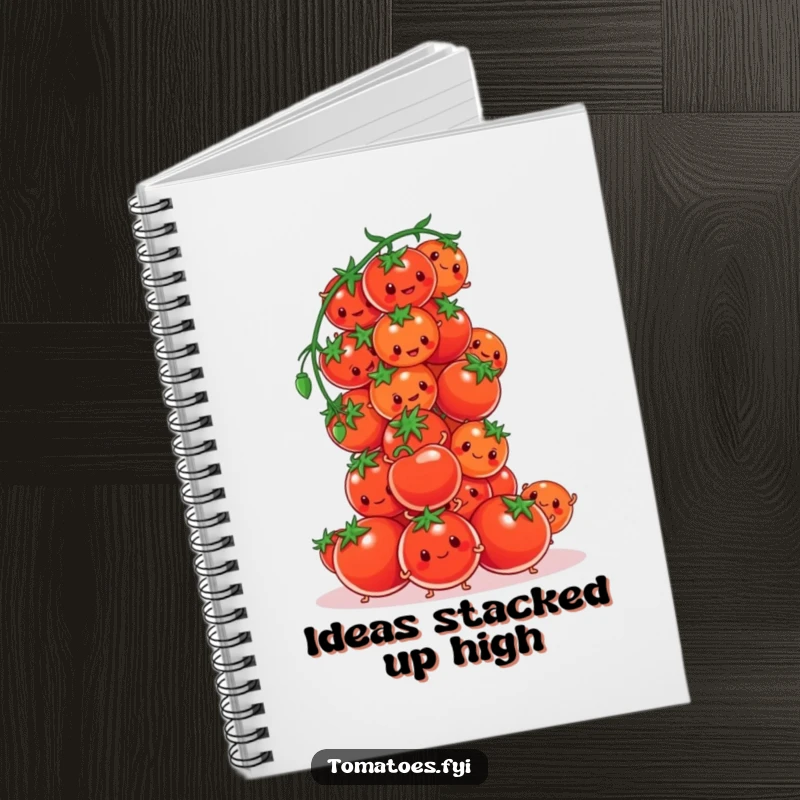 Funny tomato characters attempting to build a tower of cherry tomatoes on this notebook cover, a humorous design for plans.