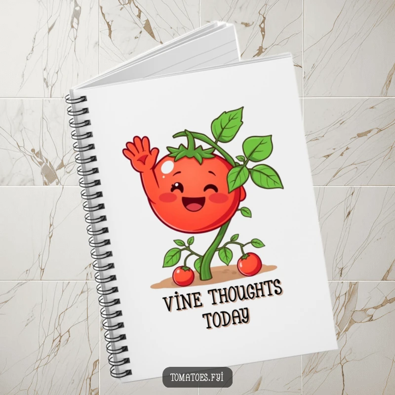 Funny notebook with a tomato character waving from its vine, perfect for jotting down notes with a dash of veggie humor.