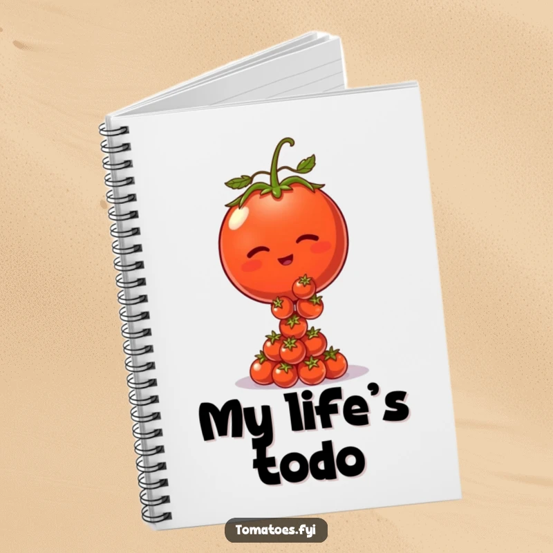 Funny notebook with a winking tomato character balancing tiny tomatoes, perfect for writing and creative tasks.
