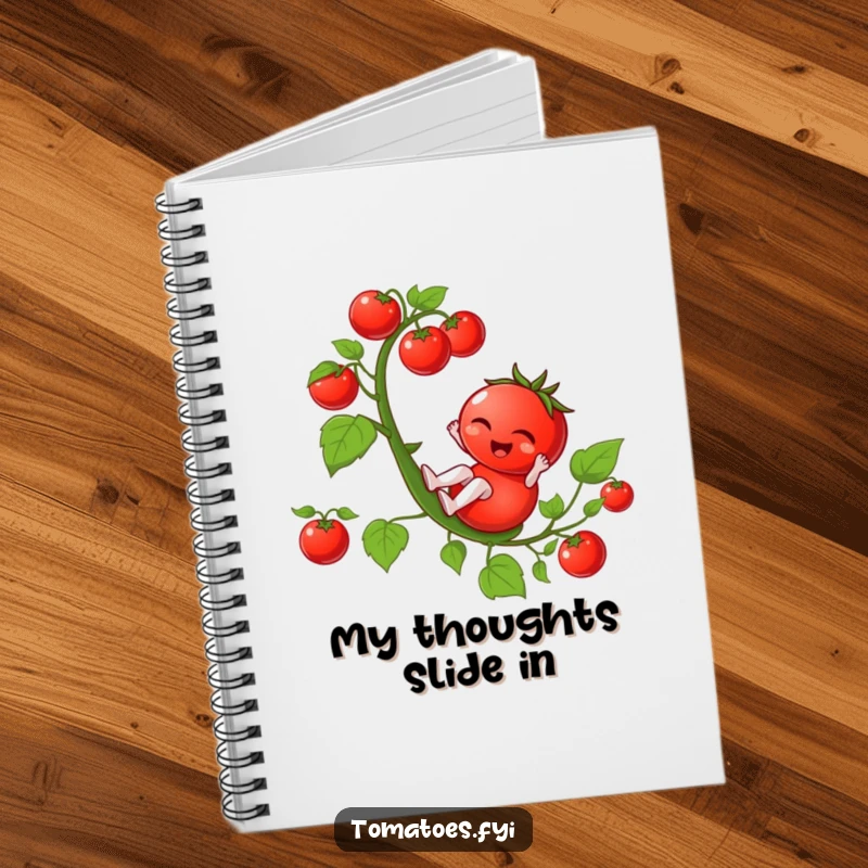 Funny winking tomato character sliding down a tomato vine, featured on a fun and funny notebook.