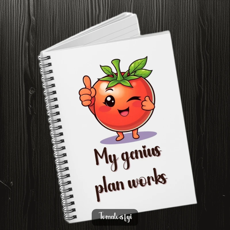 Funny notebook cover displaying a tomato character winking and giving a confident thumbs up, designed for inspired writing.