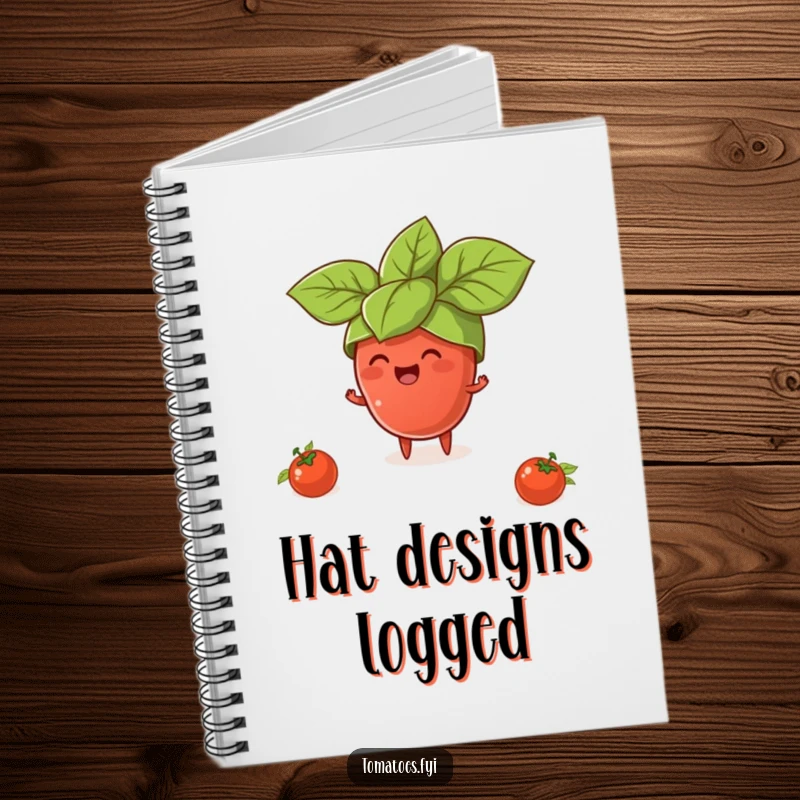 Funny notebook with a tiny tomato character wearing a giant basil leaf hat, for comedic foodie notes.