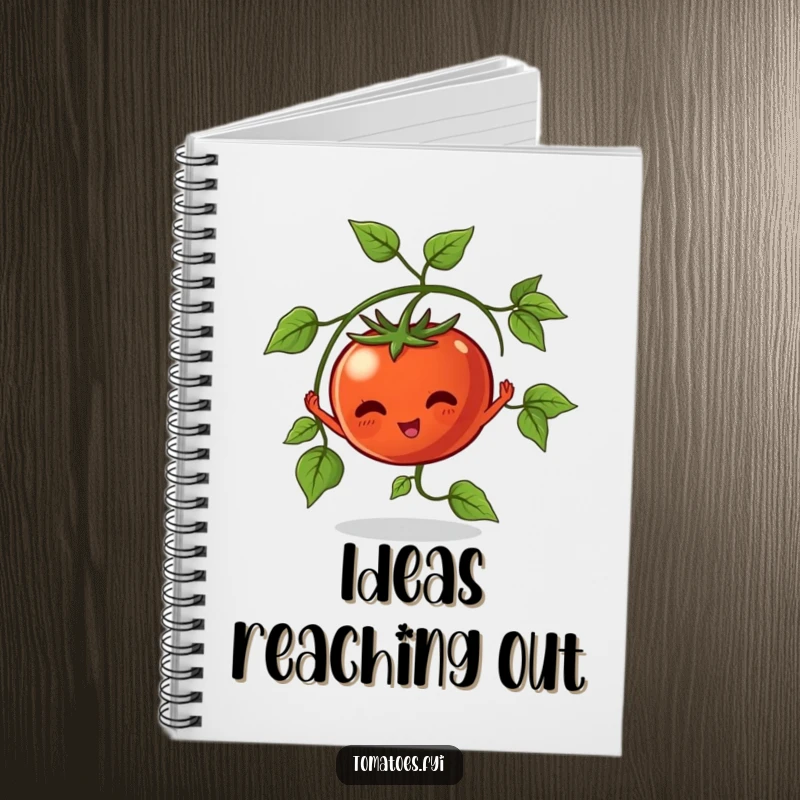 Funny Notebook cover with a vine tomato character stretching its leaves, inspiring garden notes and humor.
