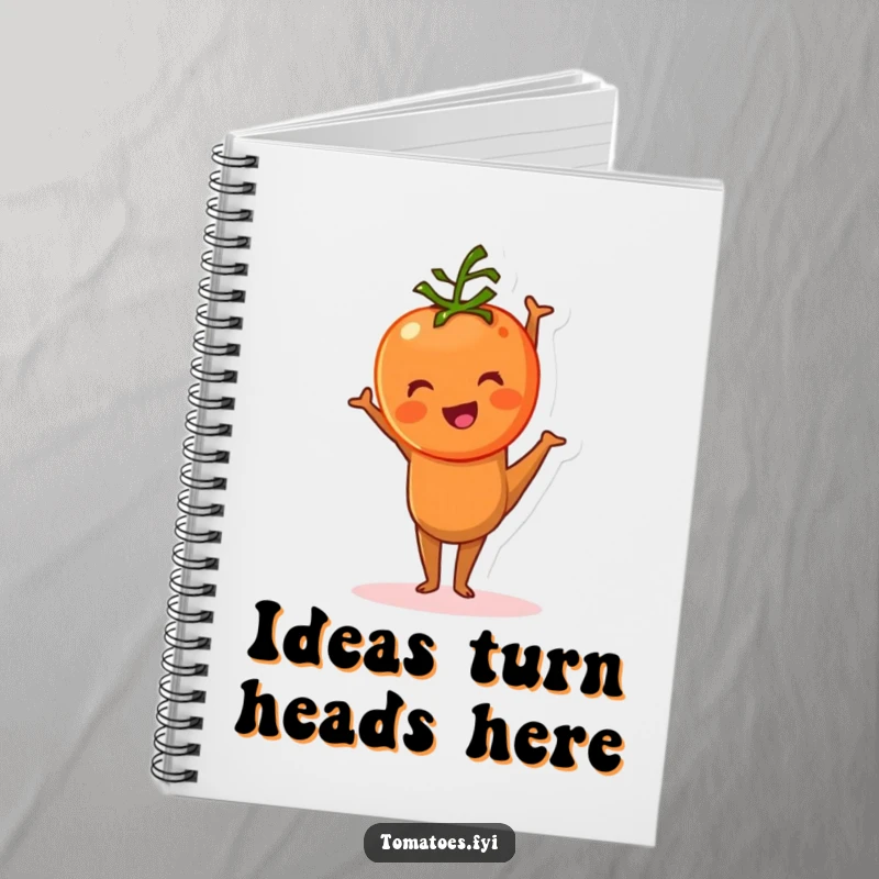Funny tomato character comically attempting a handstand on this notebook cover, a humorous design for capturing ideas.