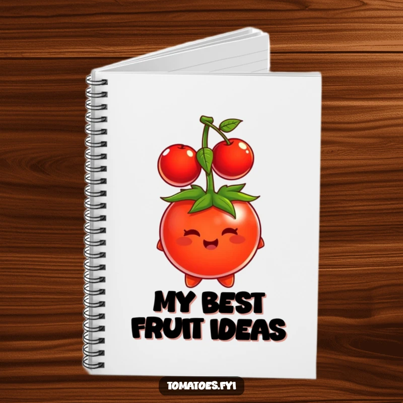 Funny tomato character comically trying to wear a cherry as a hat on the cover of a notebook.