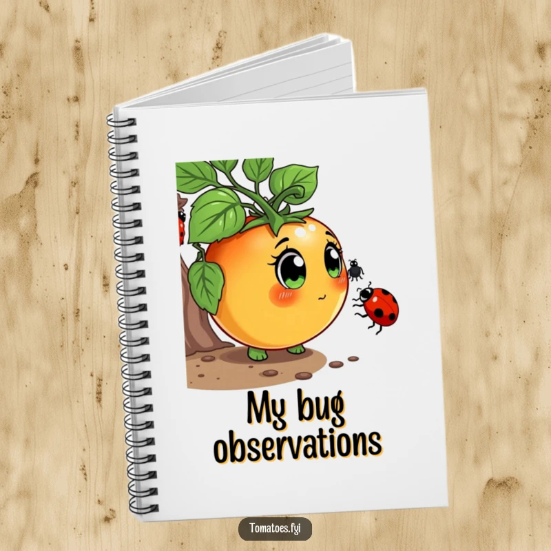 Funny Notebook with a curious tomato character with wide eyes, sniffing a ladybug, inspiring humorous thoughts and discoveries.
