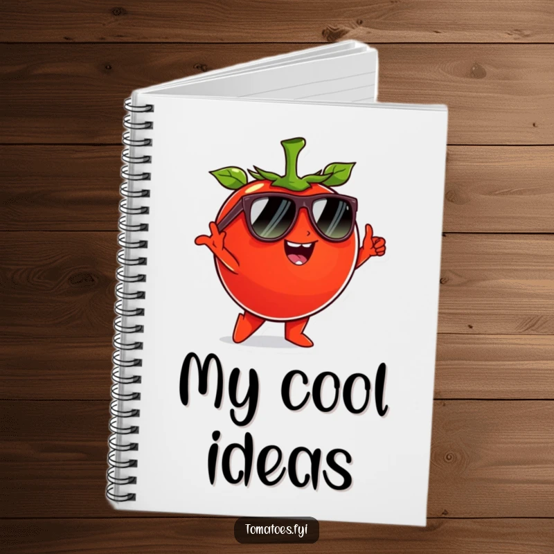 Funny tomato character wearing sunglasses and striking a cool pose, on a fun and funny notebook.
