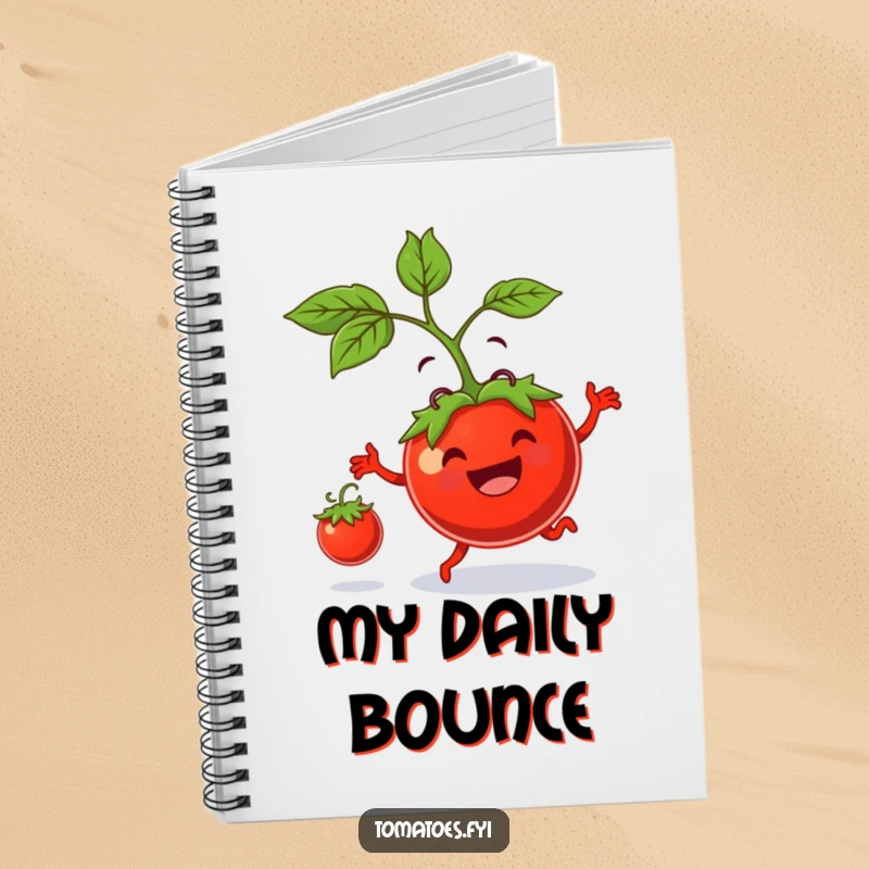Funny notebook features a cheerful tomato parent bouncing a small tomato, ideal for jotting down notes with a humorous, playful design.