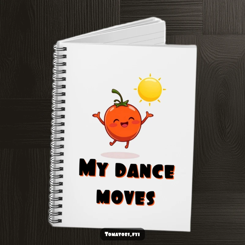 Funny notebook with a cheerful tomato character dancing in the sun, ideal for jotting down ideas with humor.