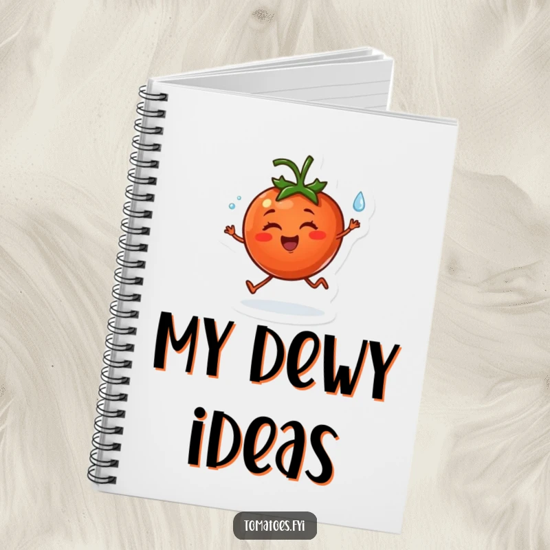 Funny notebook with a cheerful tomato character happily skipping with a dewdrop, ready for jotting down happy thoughts.