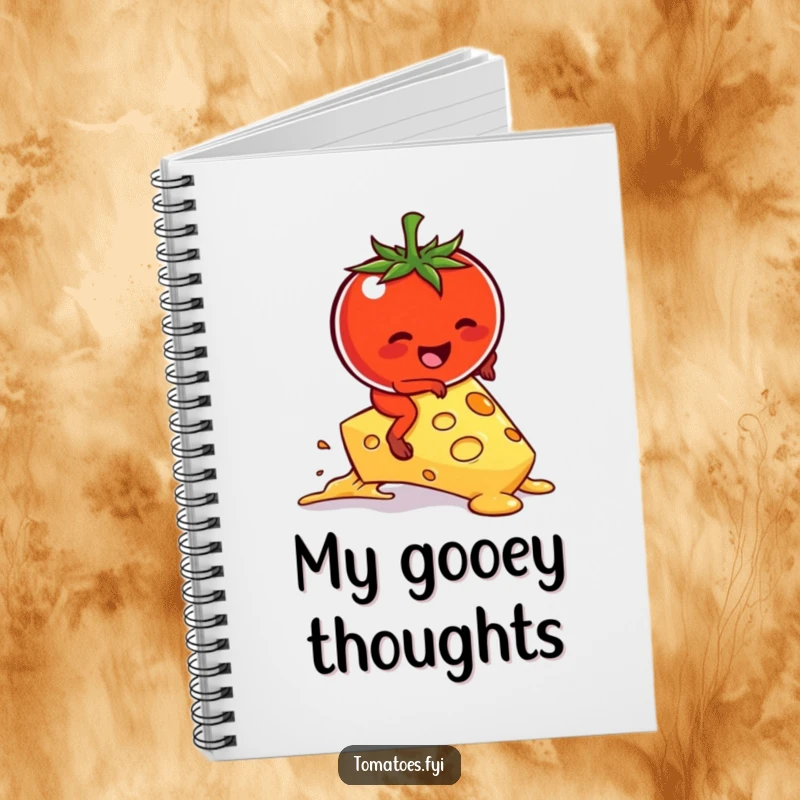 Funny kawaii tomato character hilariously attempting to ride a melting cheese slice on a notebook cover.