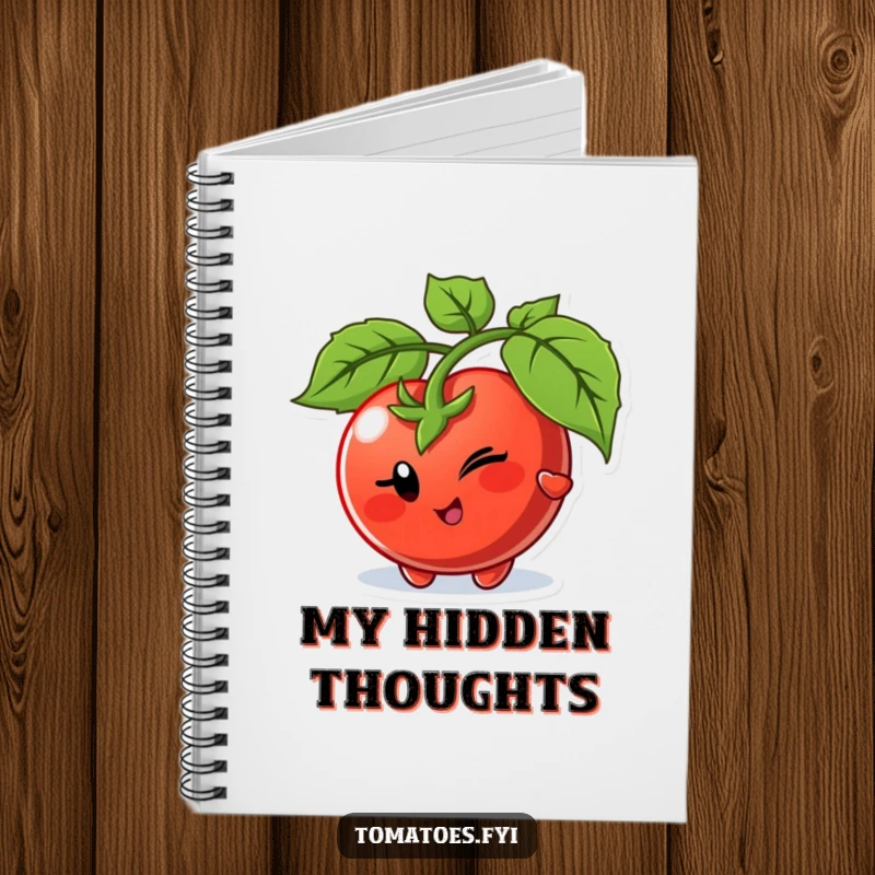 Funny notebook with a winking tomato character playfully peeking from behind a leaf, ready for jotting down secret ideas.