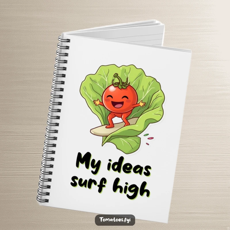 Funny grinning tomato character surfing on a giant lettuce leaf, on a fun and funny notebook.