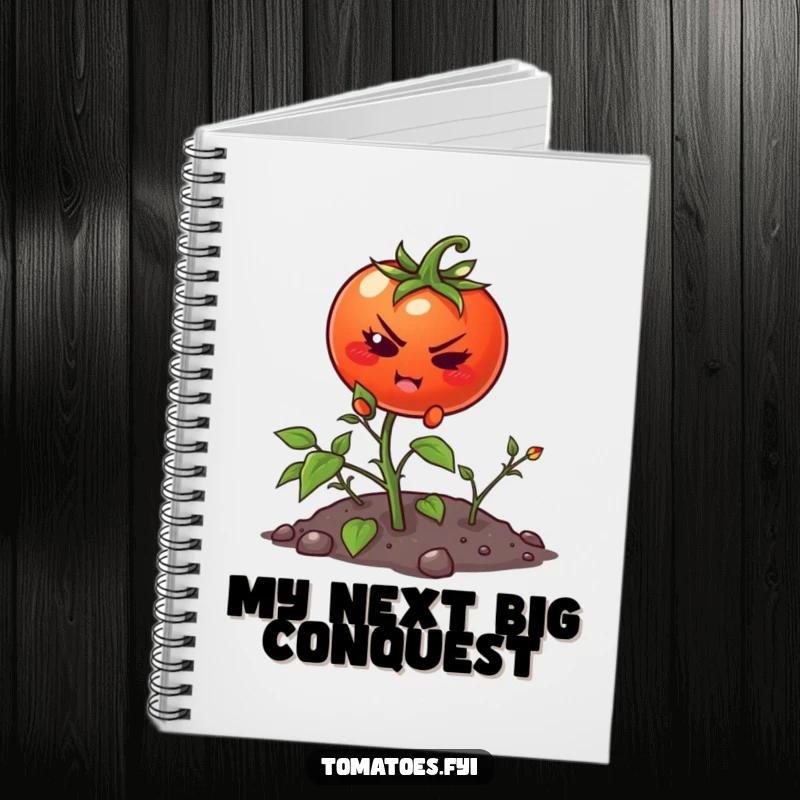 Funny notebook with a determined cartoon tomato trying to climb a small weed, ideal for journaling achievements.