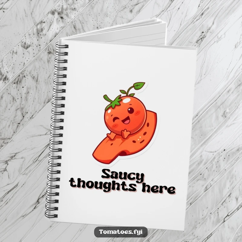 Funny tomato character notebook cover showing a gleeful slide down a tomato slice, perfect for jotting down funny thoughts.