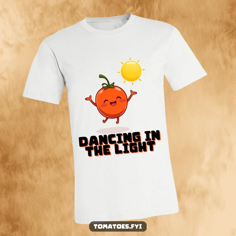 Funny t-shirt featuring a cheerful tomato doing a silly dance in the sun, radiating positive and humorous vibes.