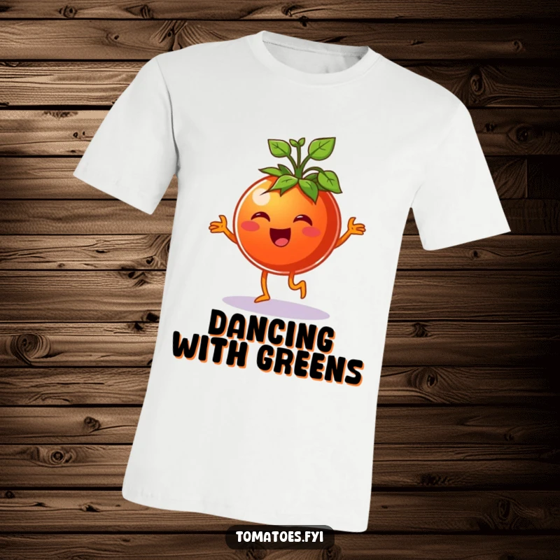 Funny cheerful tomato character doing a happy jig with green sprouts, featured on a funny t-shirt.