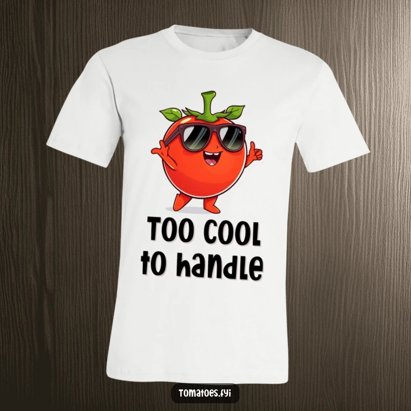 Funny tomato character wearing sunglasses and striking a cool pose, on a funny and fashionable t-shirt.