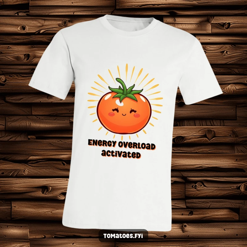 Funny t-shirt with a tomato radiating a starburst of energy, showcasing dynamic power and humorous excitement.