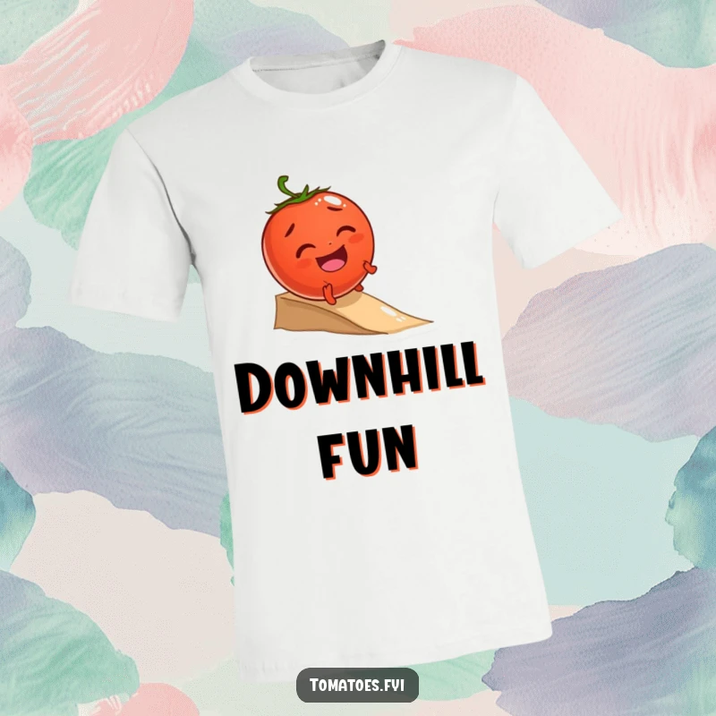 Funny t-shirt with a giggling tomato character joyfully rolling down a small incline, looking utterly delighted and carefree.