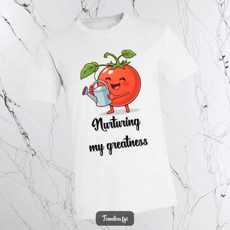 Funny t-shirt with a jovial tomato holding a miniature watering can, appealing to gardeners with humor.