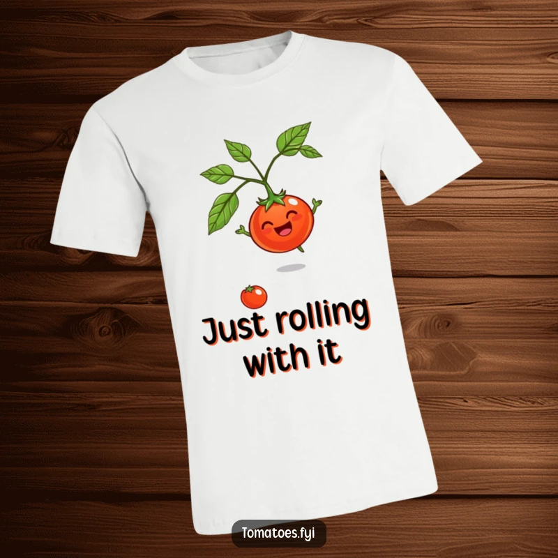 Funny Jovial Tomato T-Shirt: A cheerful tomato character happily spinning on its stem, full of playful energy.