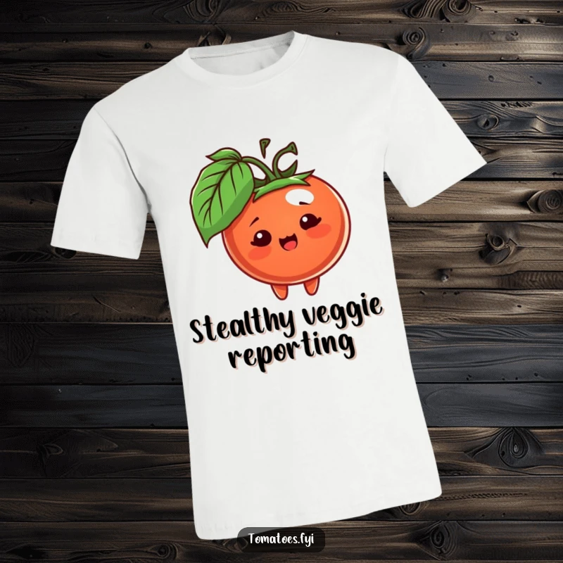 Funny t-shirt showing a cheerful tomato character curiously peeking from behind a lush green leaf, full of playful mystery.
