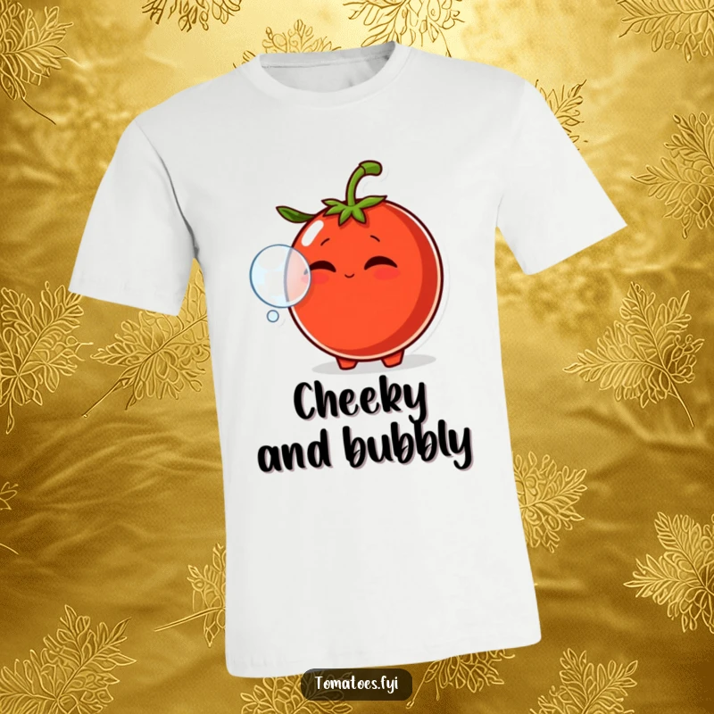 Funny t-shirt showing a smirking tomato character blowing a bubble with its mouth, perfect for casual wear and humorous expression.