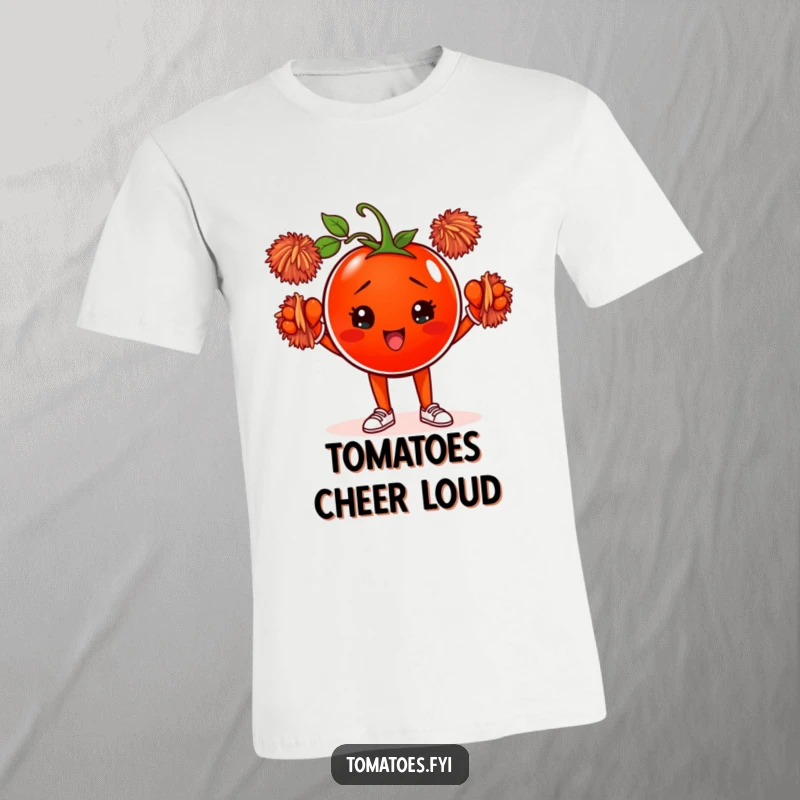 Funny t-shirt with a determined tomato character enthusiastically cheering using tiny pom-poms, a motivational and humorous apparel design.