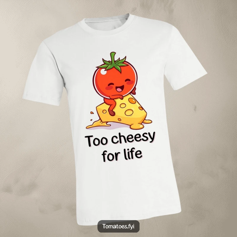 Funny kawaii tomato character attempting to ride a melting cheese slice on a t-shirt.