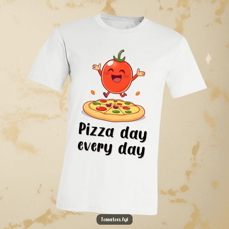 Funny cheerful tomato character joyfully bouncing on a giant pizza crust on a t-shirt.