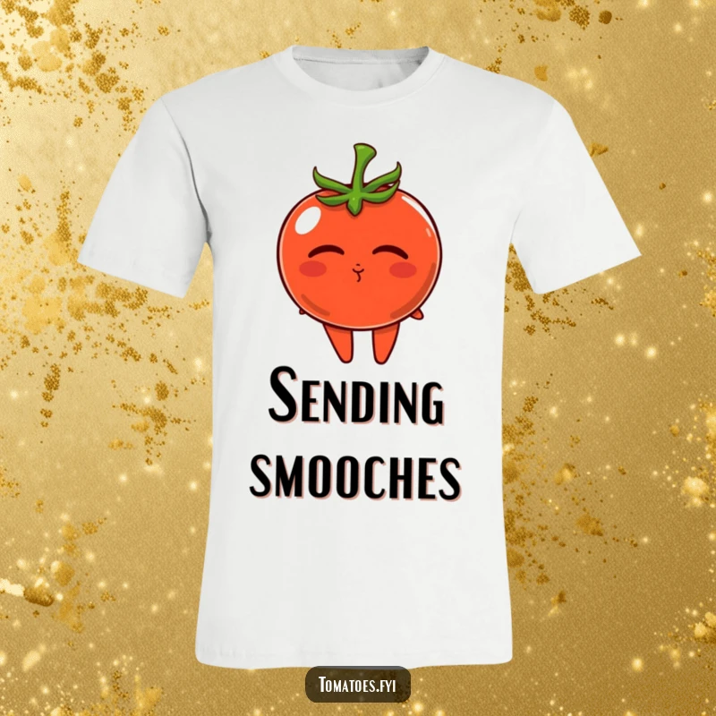 Funny t-shirt featuring a lovable tomato character puckering up to blow a small, endearing kiss.